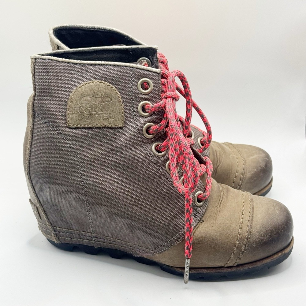 Sorel PDX NL2174-051 Grey Brown Leather Wedge Lace Up Ankle Boots Womens 6